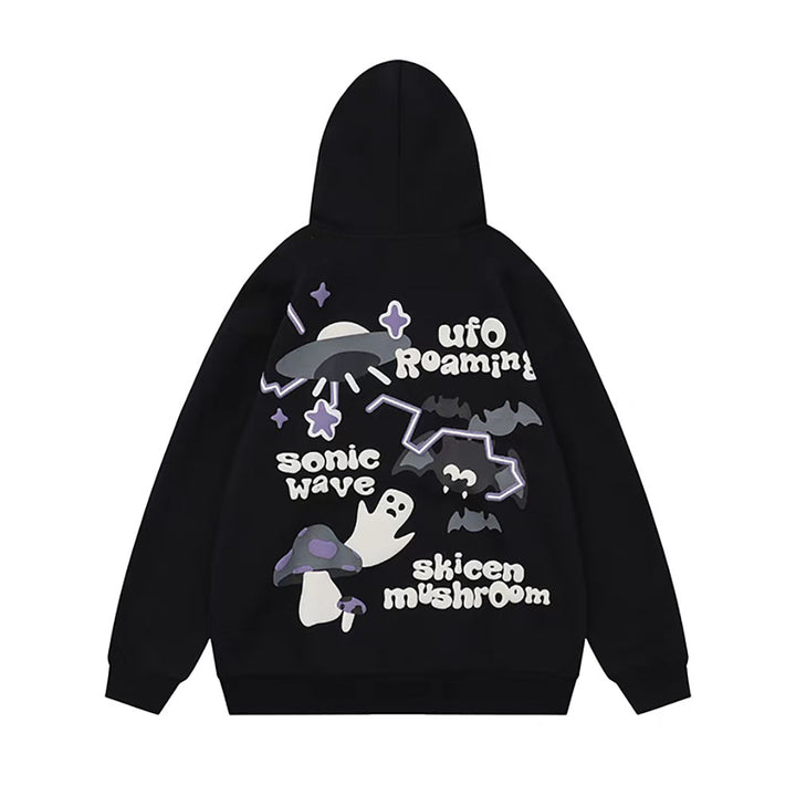 Vintage Bat Ghost Letter Print Hoodie with Pockets
