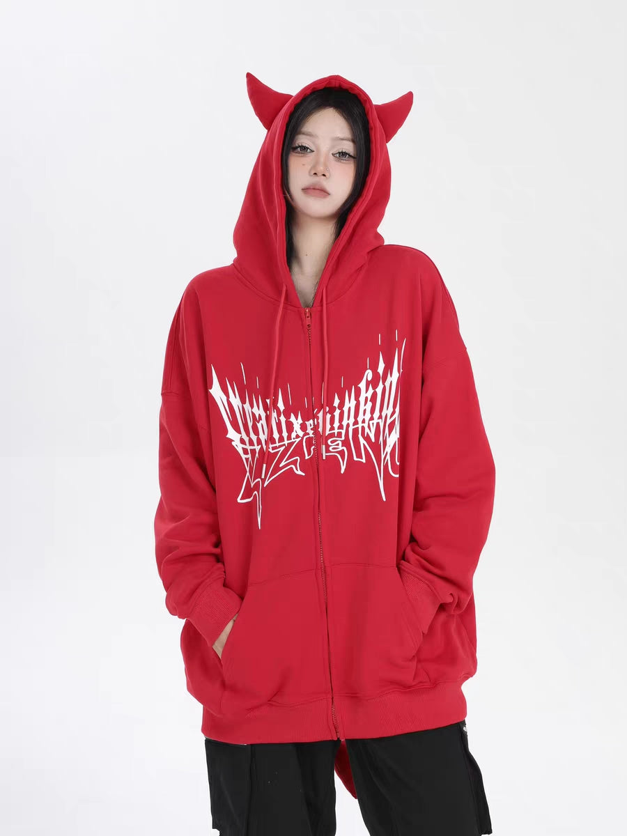 Little Devil Letter Print Zipper Sweatshirt with Pockets