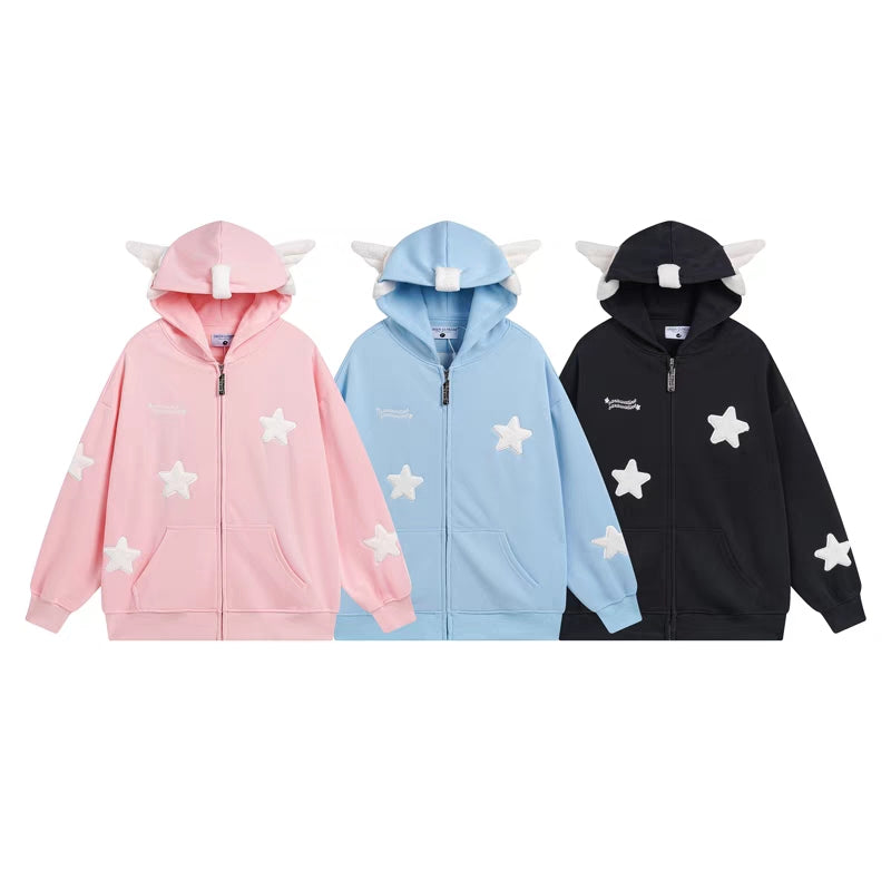 Star Wings Print Zipper Sweatshirt with Pocket