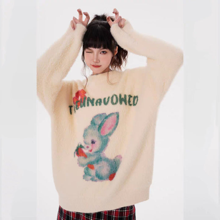 Vintage Bunny Letter Print Long Sleeve Sweater