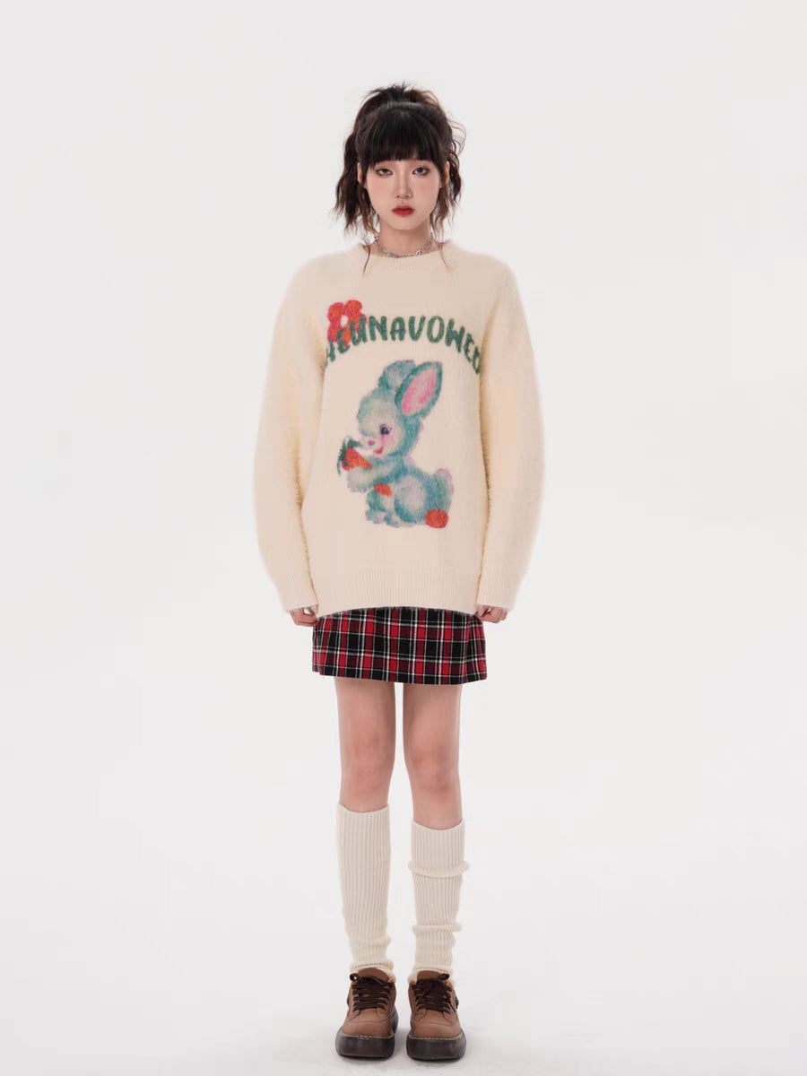 Vintage Bunny Letter Print Long Sleeve Sweater