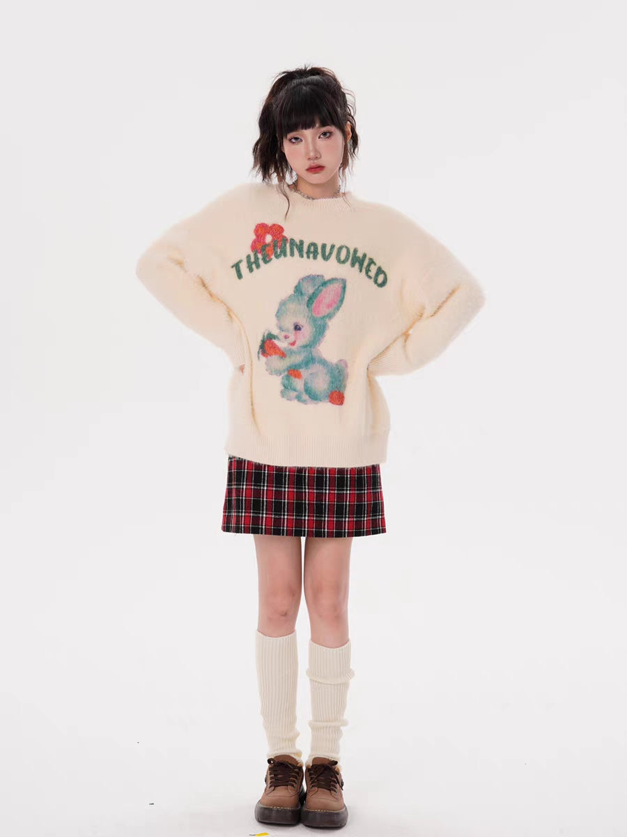 Vintage Bunny Letter Print Long Sleeve Sweater