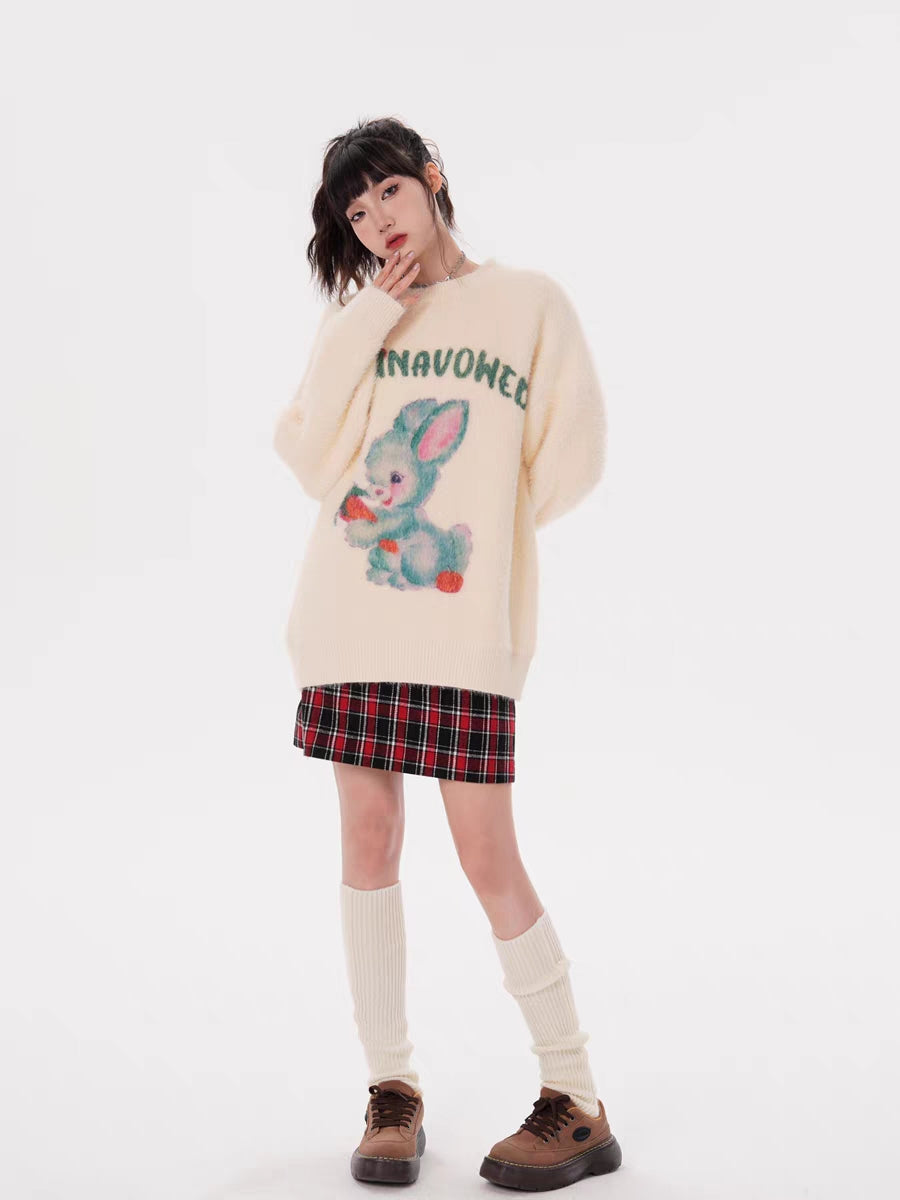 Vintage Bunny Letter Print Long Sleeve Sweater