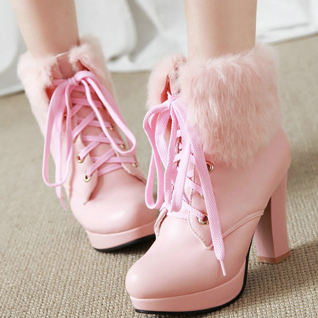 Fluffy Lace-up High Heel Boots