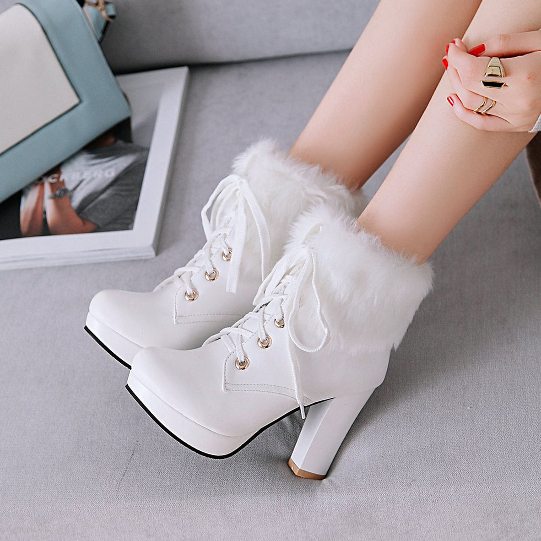 Fluffy Lace-up High Heel Boots