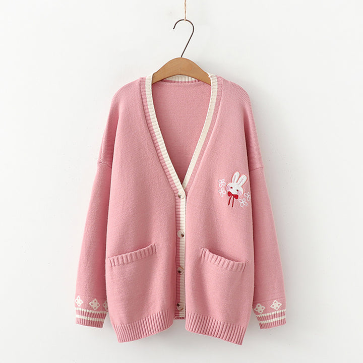Cute Bunny V-Neck Pocket Knitted Sweater