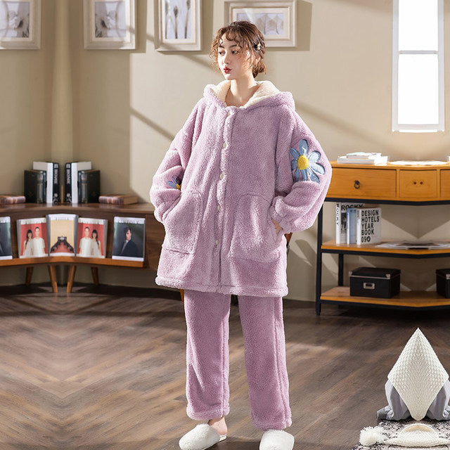 Sweet Lavender Daisy Fluffy Hooded Night Pajama Set