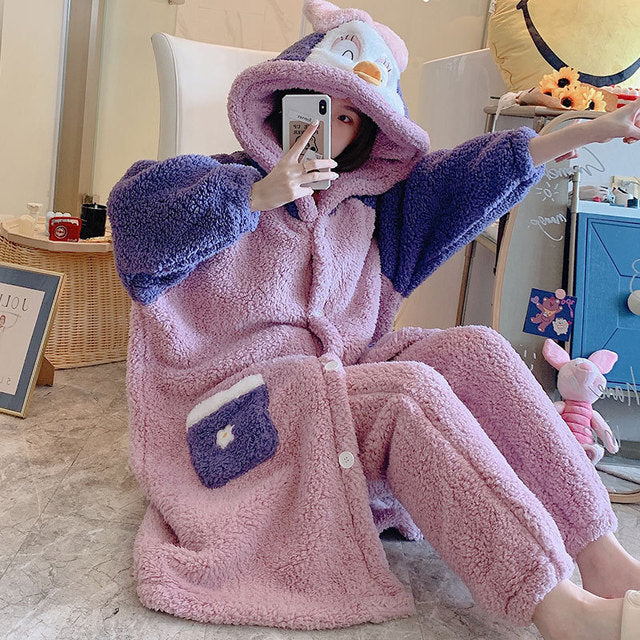Adorkable Penguin Fluffy Hooded Night Pajamas Set