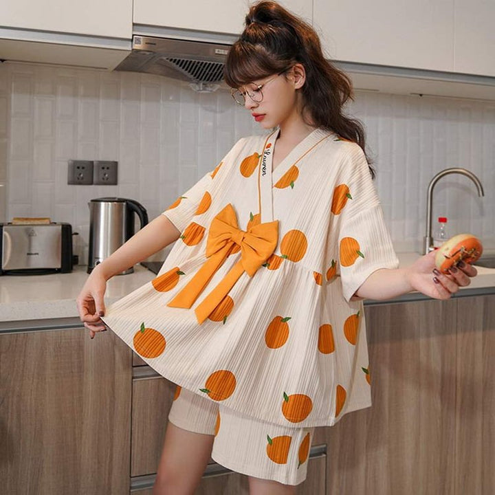 Cartoon Print Bow Knot V-neck Cotton Summer Pajamas Set