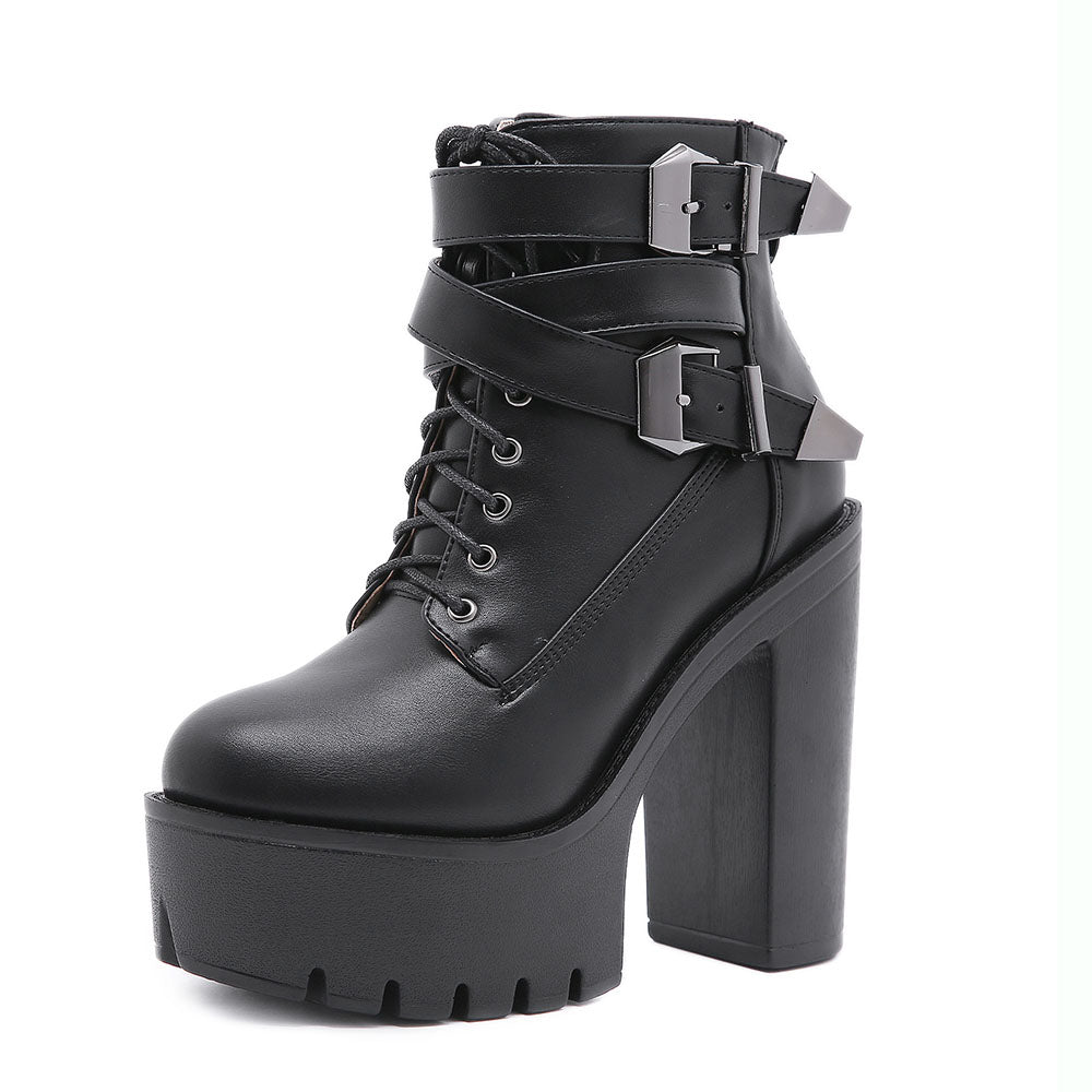 Gothic Double Strap Buckles Lace Up Platform Boots