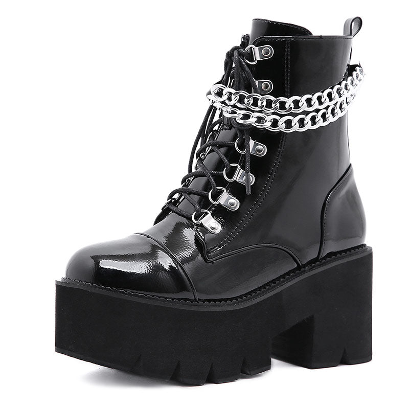 Gothic Patent Leather Wrap Around Chains Platform Boots