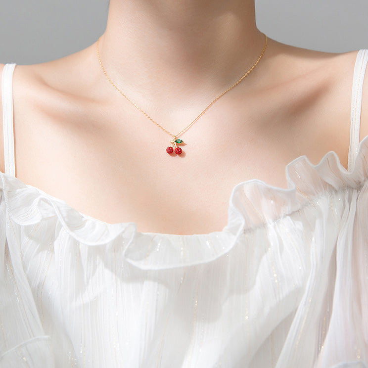 Sweet Red Cherry Pendant Silver Necklace