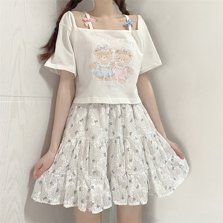 Cartoon Bear Print Off the Shoulder Short T-shirt