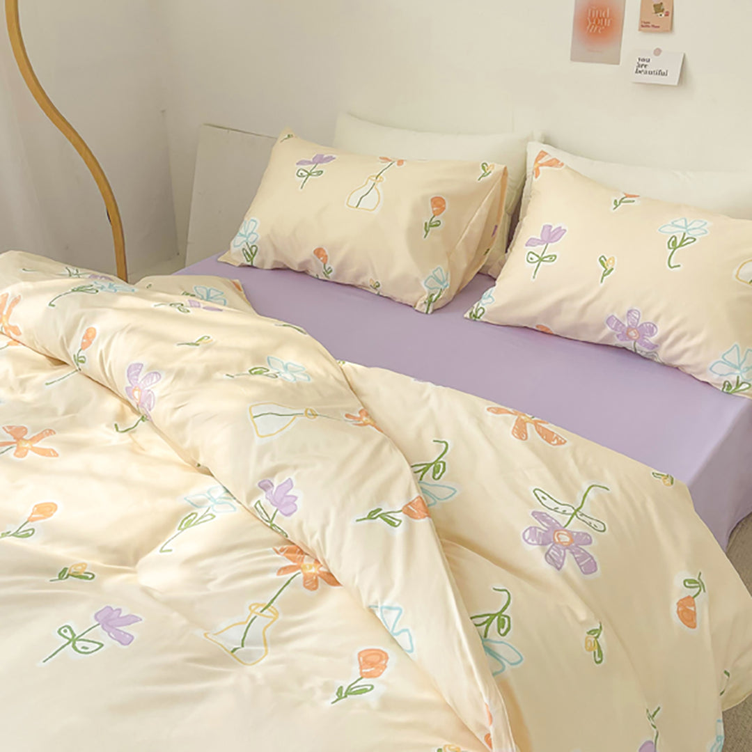 Cartoon Flowers Print Cotton Bedding Set