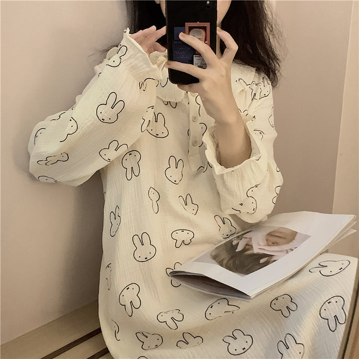 Lovely Rabbit Print Comfy Cotton Long Pajamas Dress
