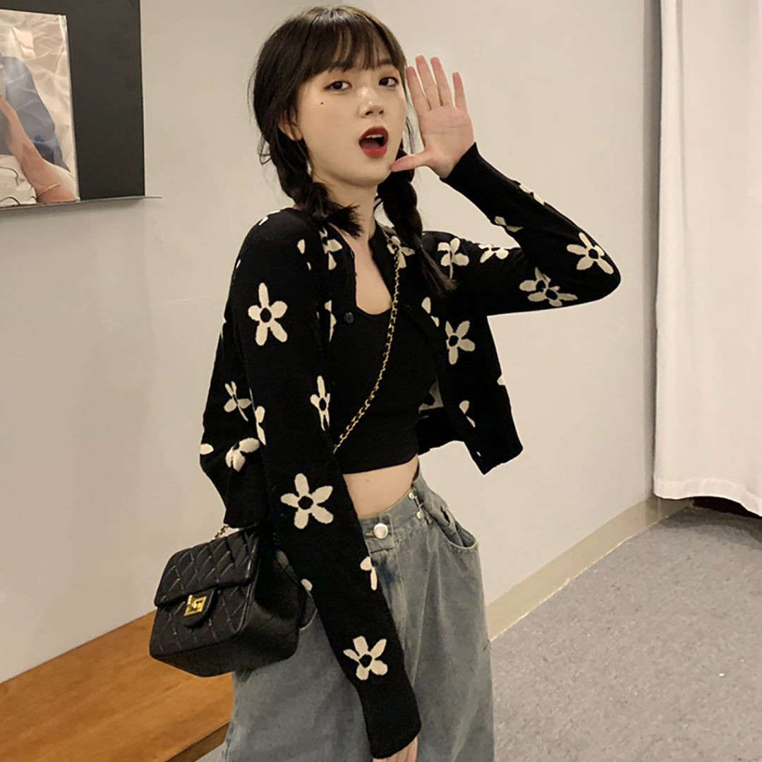 Korean Vintage Floral Print Cardigan