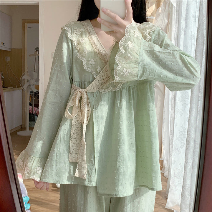 Sweet Lace V-neck Home Cotton Pajamas Set