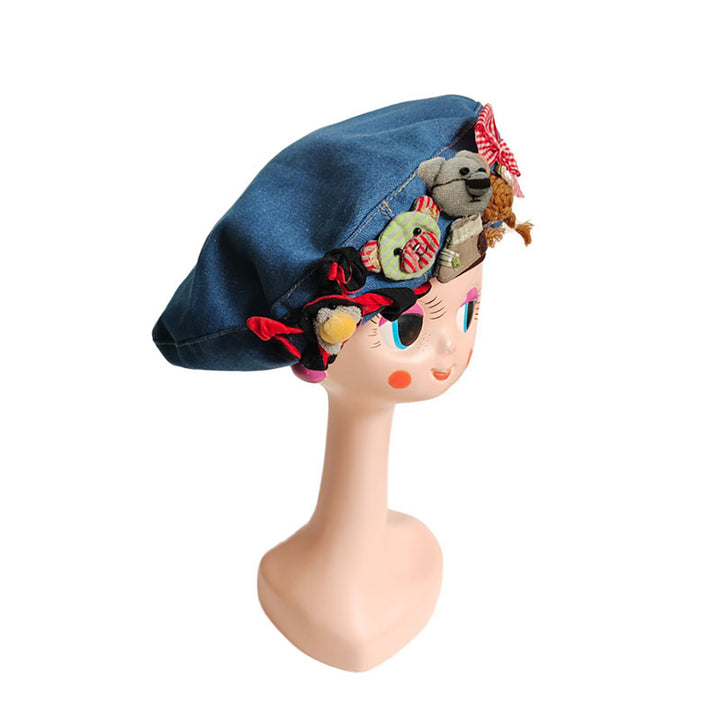 Vintage Bear Bowknot Flower Embroidery Denim Beret