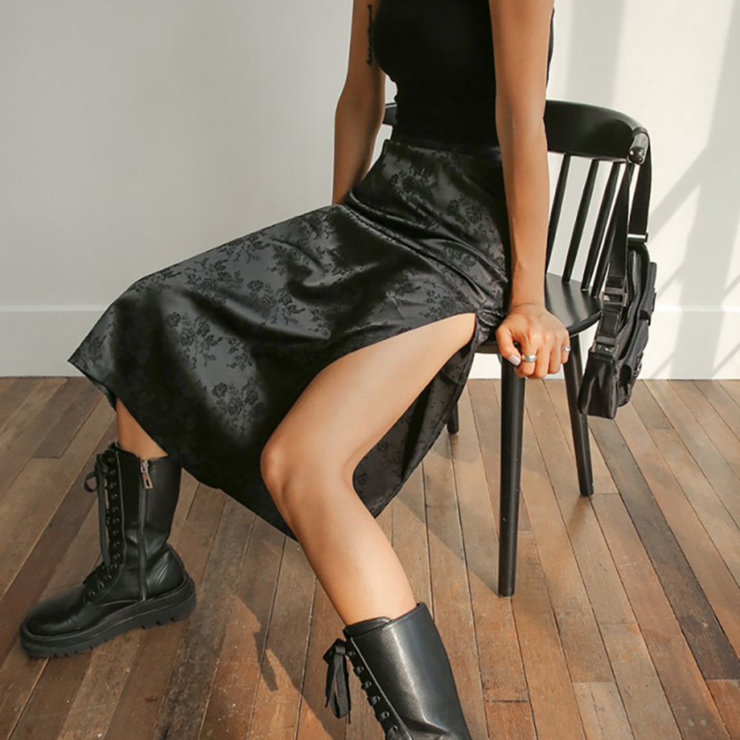 Classic Black Flower High Slit Maxi Skirt