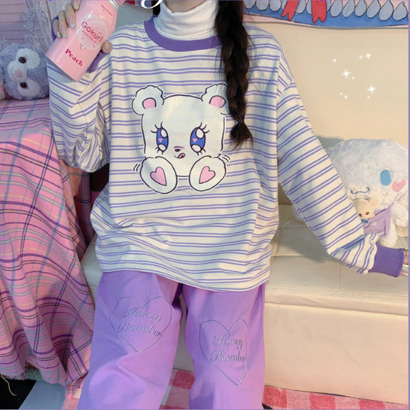 Sparkly Eyes Bear Striped Sweatshirt