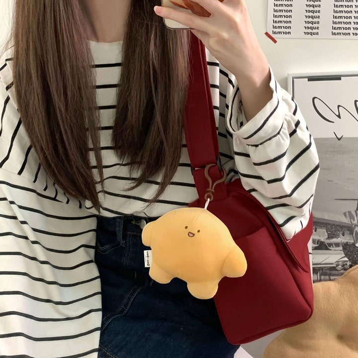 Japanese Pure Color Canvas Shoulder/Crossbody Bag with Pendant