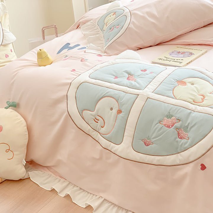 Cute Duckling Embroider Cotton Bedding Set