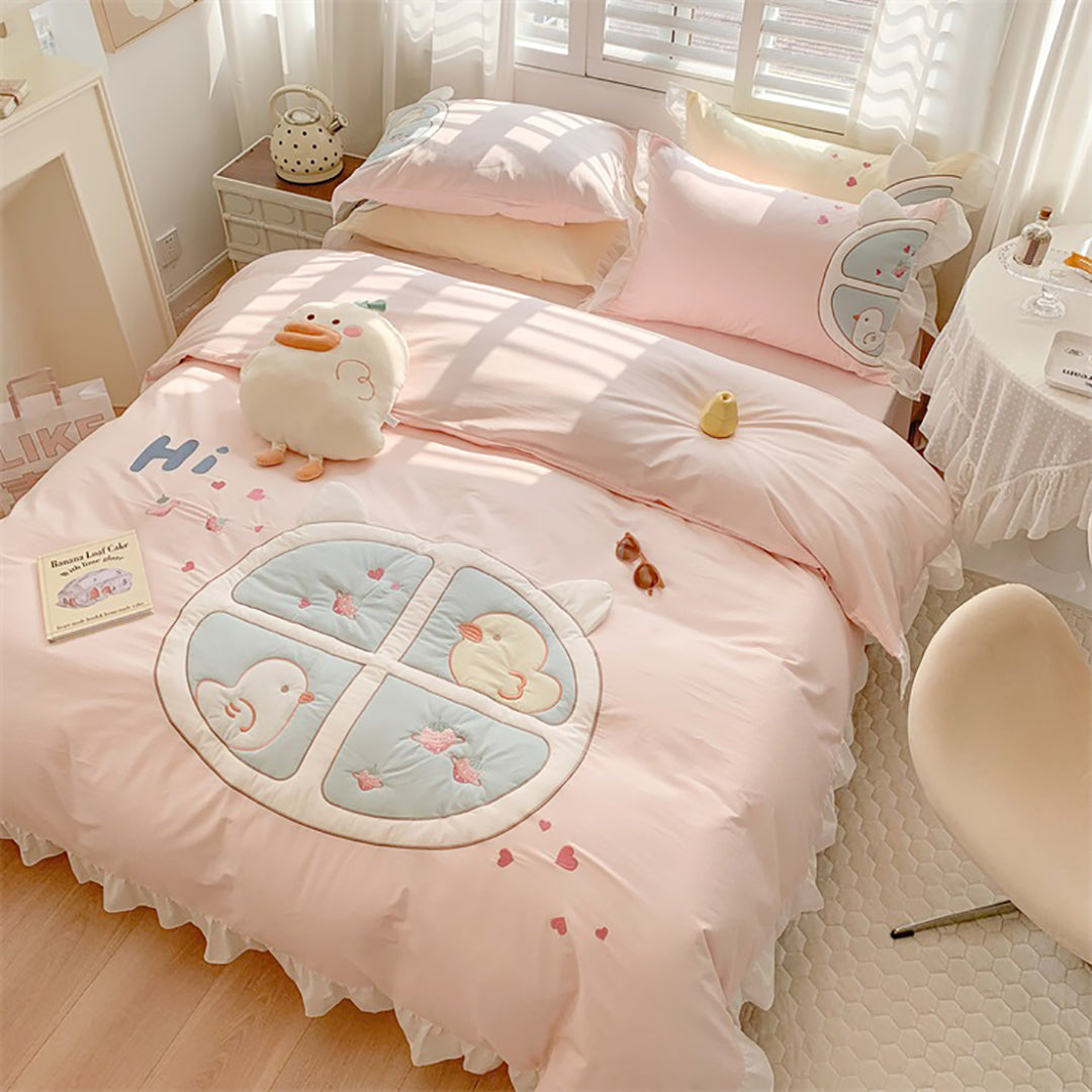 Cute Duckling Embroider Cotton Bedding Set
