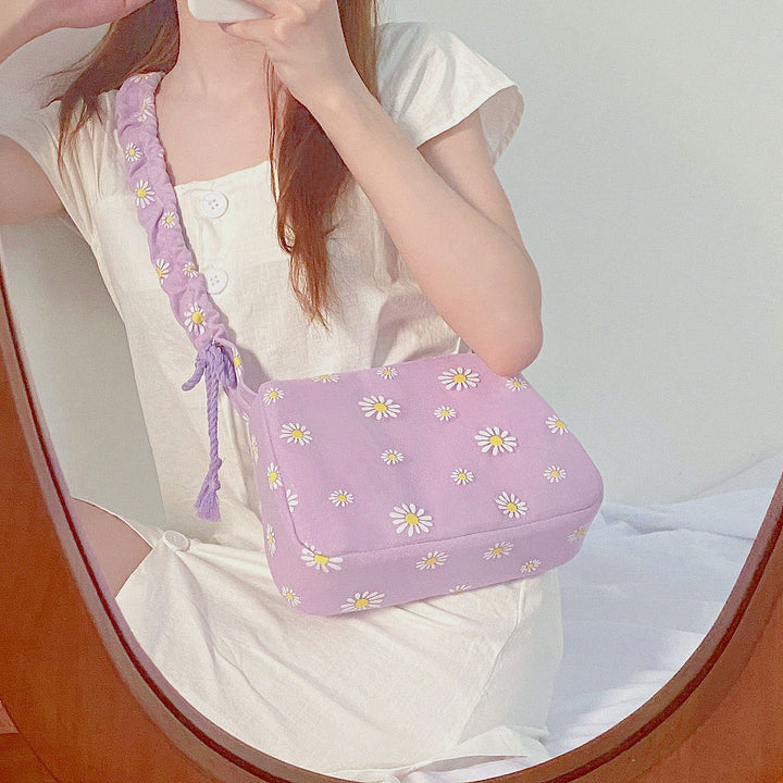 Lavender Daisy and Checkered Print Shoulder Bag