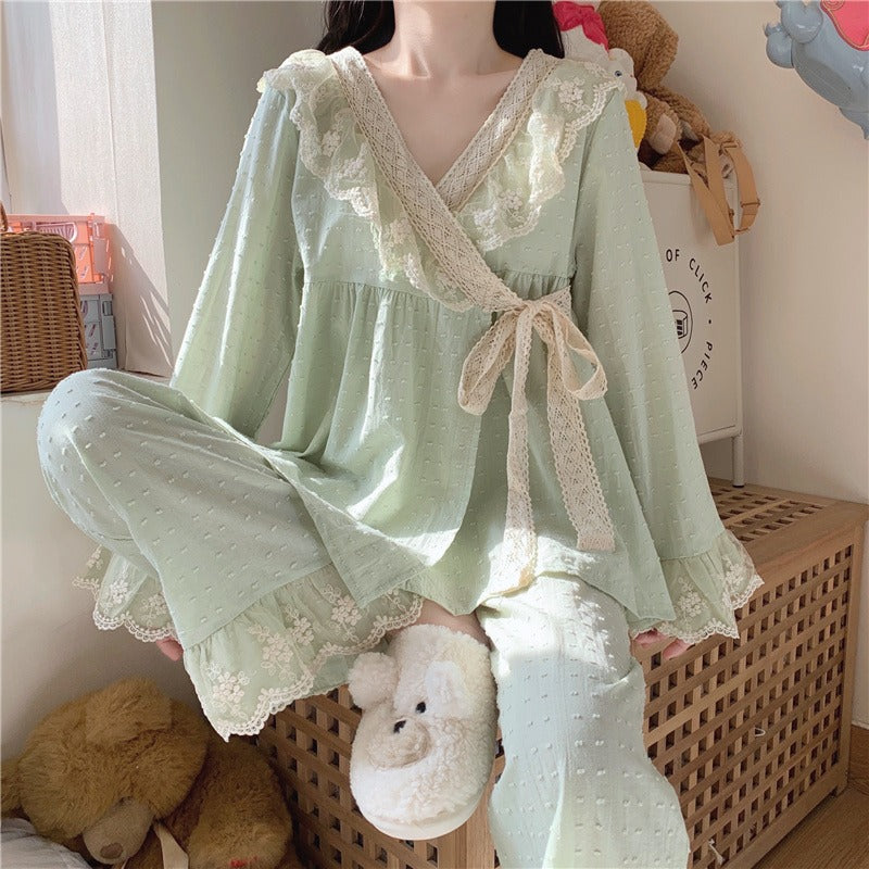 Sweet Lace V-neck Home Cotton Pajamas Set