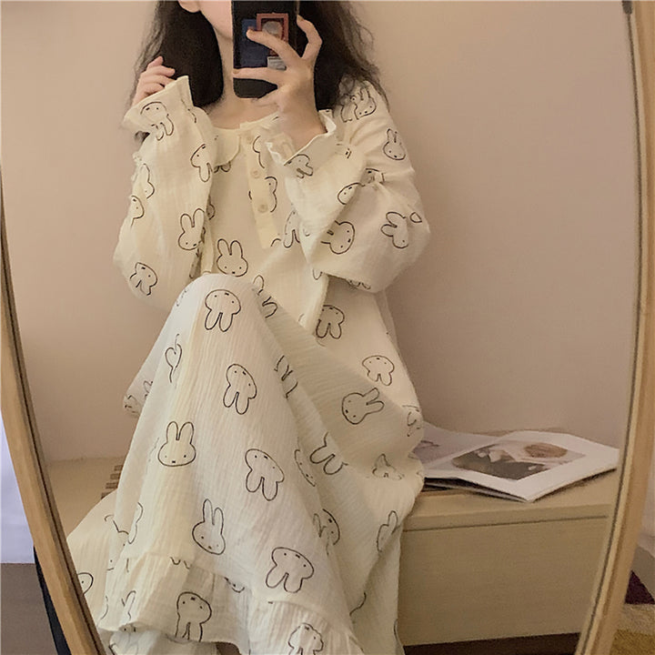 Lovely Rabbit Print Comfy Cotton Long Pajamas Dress