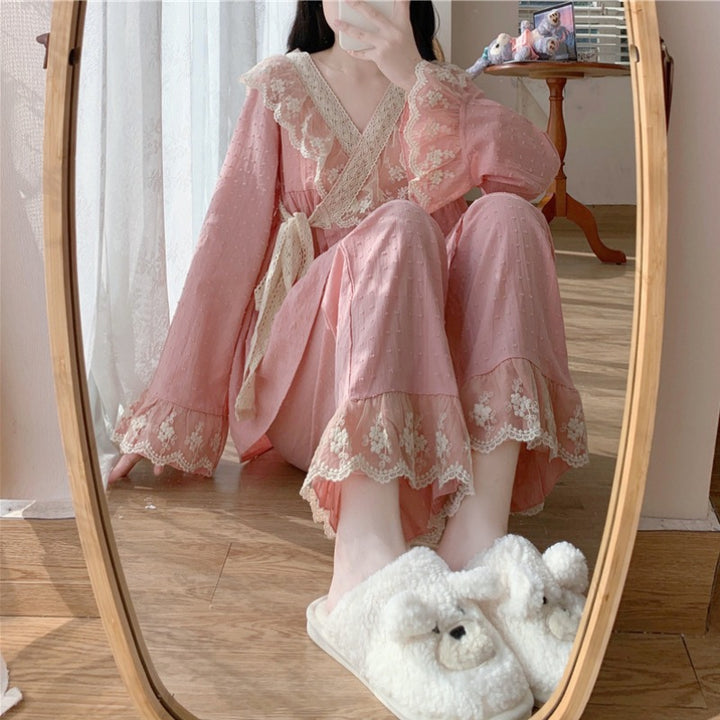 Sweet Lace V-neck Home Cotton Pajamas Set