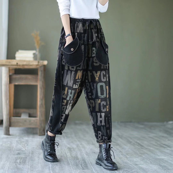 Letter Printed Faded Elasticity Waist Jeans