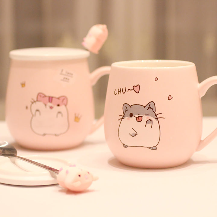 Pastel Pink Hamster Mug with Lid and Spoon