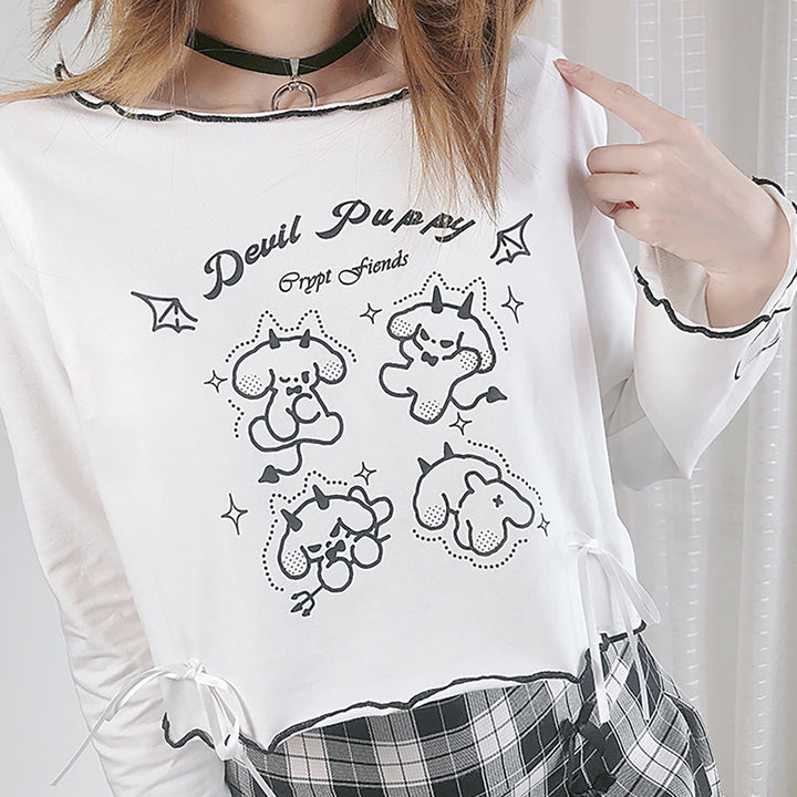Devil Puppy Print Bowknot T-shirt