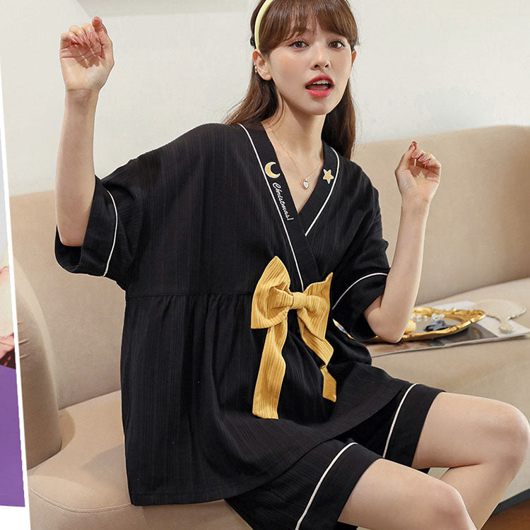 Cartoon Print Bow Knot V-neck Cotton Summer Pajamas Set