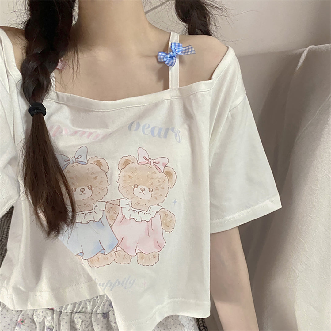 Cartoon Bear Print Off the Shoulder Short T-shirt