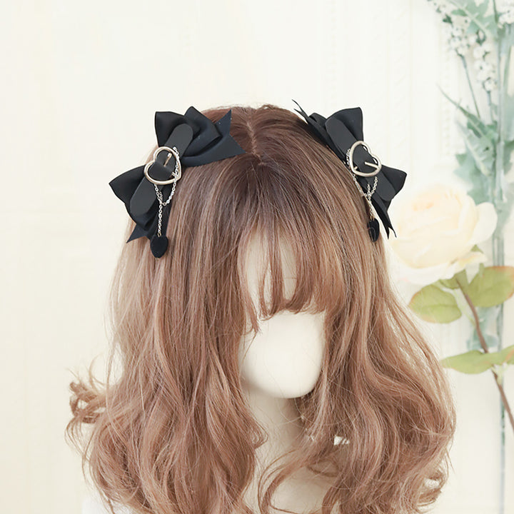 Heart Lock Black Ribbon Hair Bow