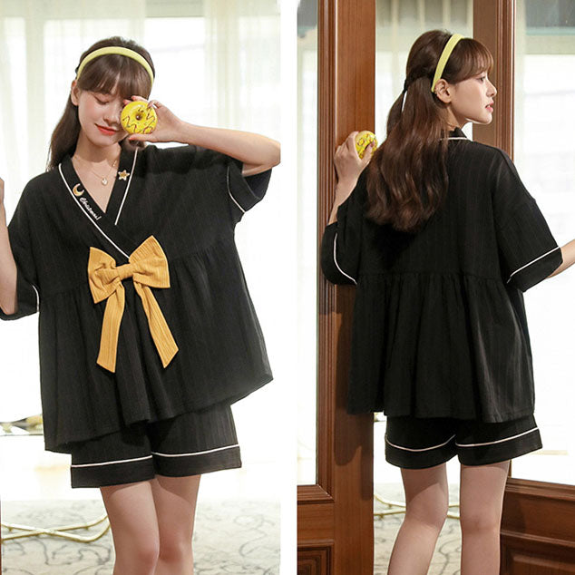 Cartoon Print Bow Knot V-neck Cotton Summer Pajamas Set