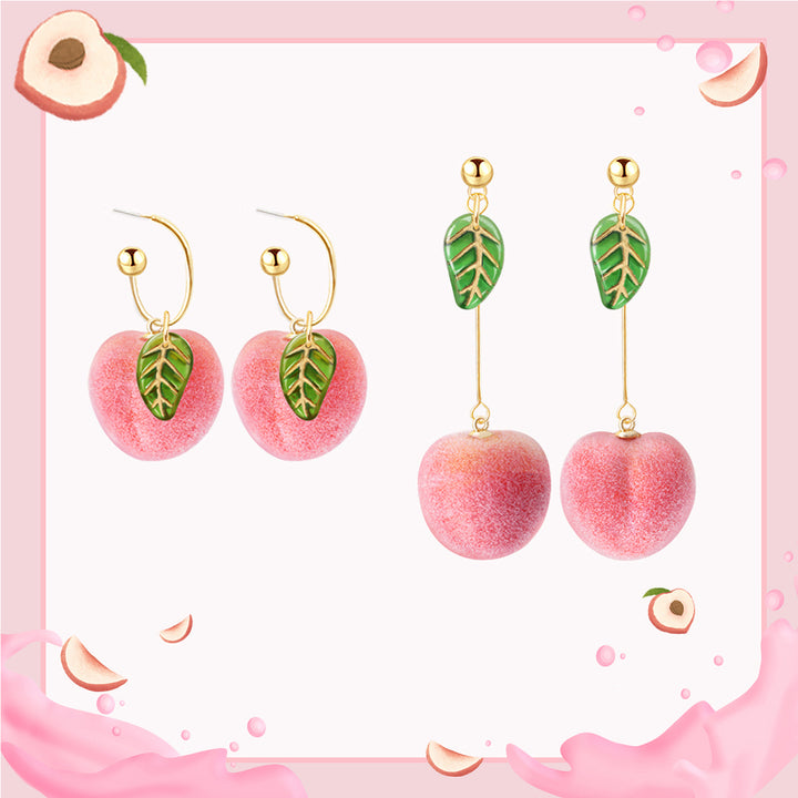 Sweet Peach Fruit Leaf Dangle Earrings