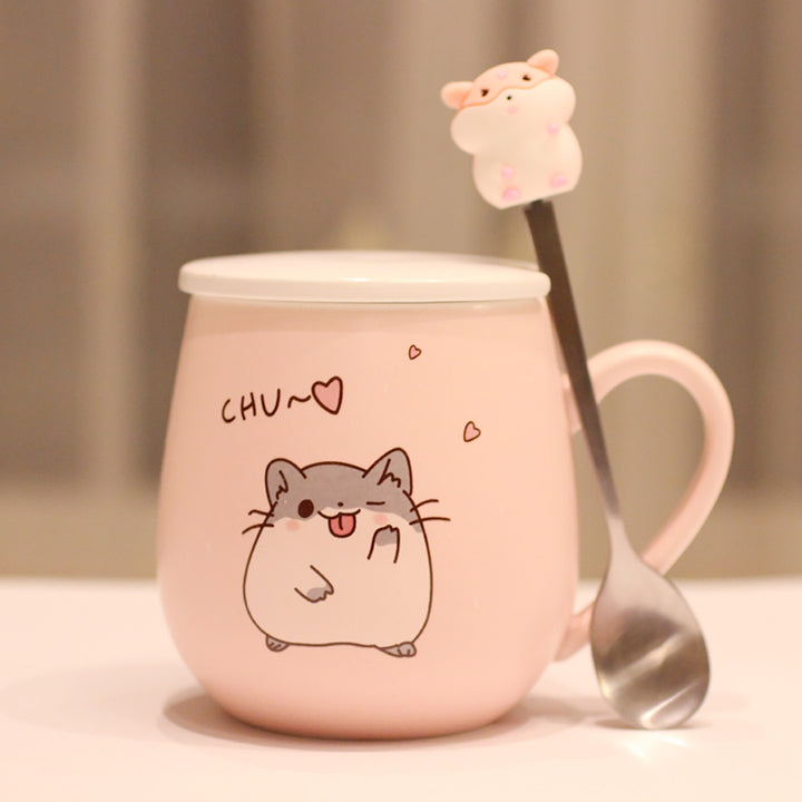 Pastel Pink Hamster Mug with Lid and Spoon