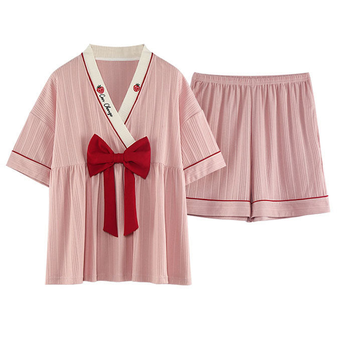 Cartoon Print Bow Knot V-neck Cotton Summer Pajamas Set
