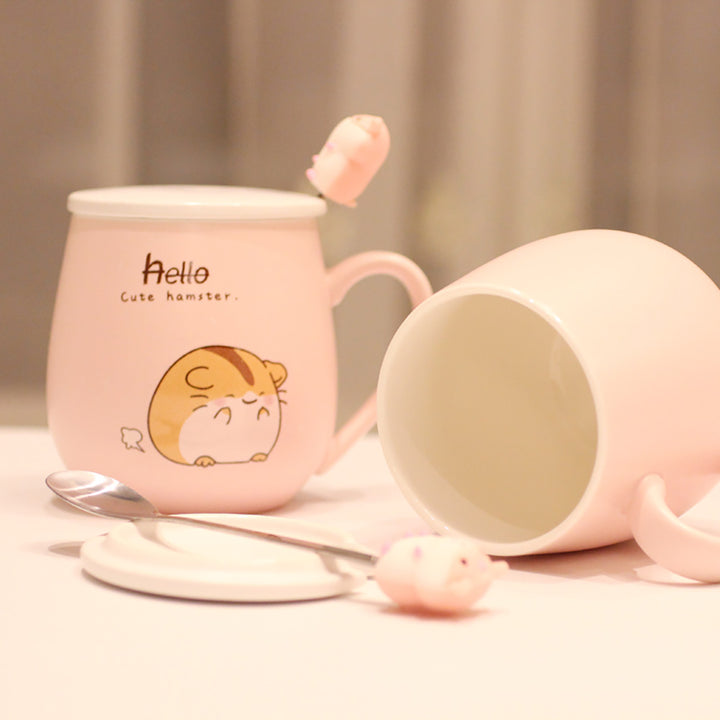 Pastel Pink Hamster Mug with Lid and Spoon