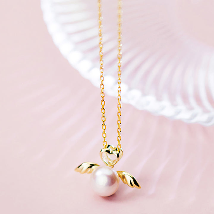 Love Angel Wings Pearl Silver Necklace