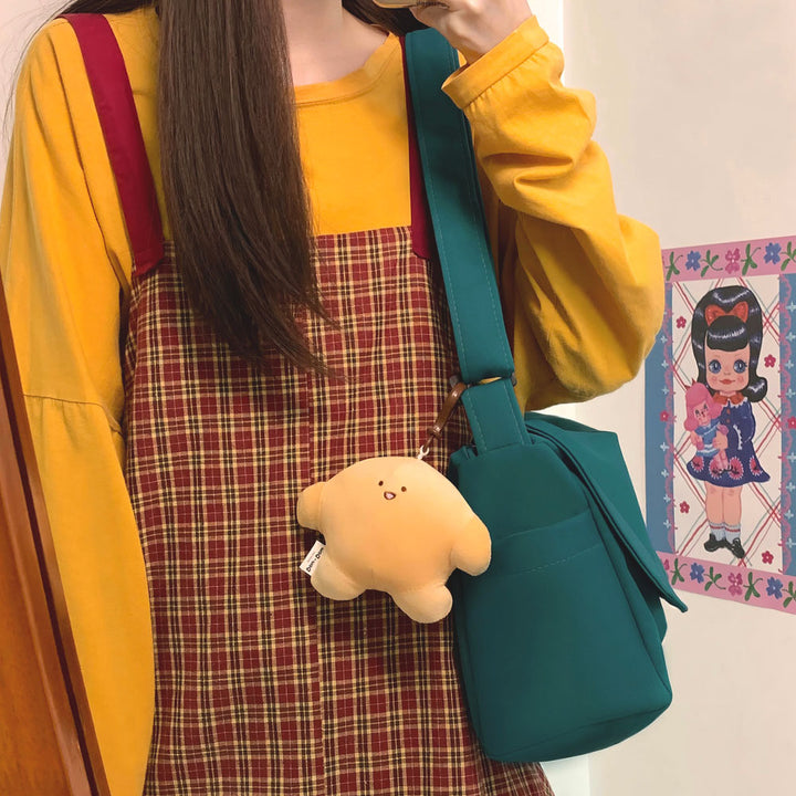 Japanese Pure Color Canvas Shoulder/Crossbody Bag with Pendant