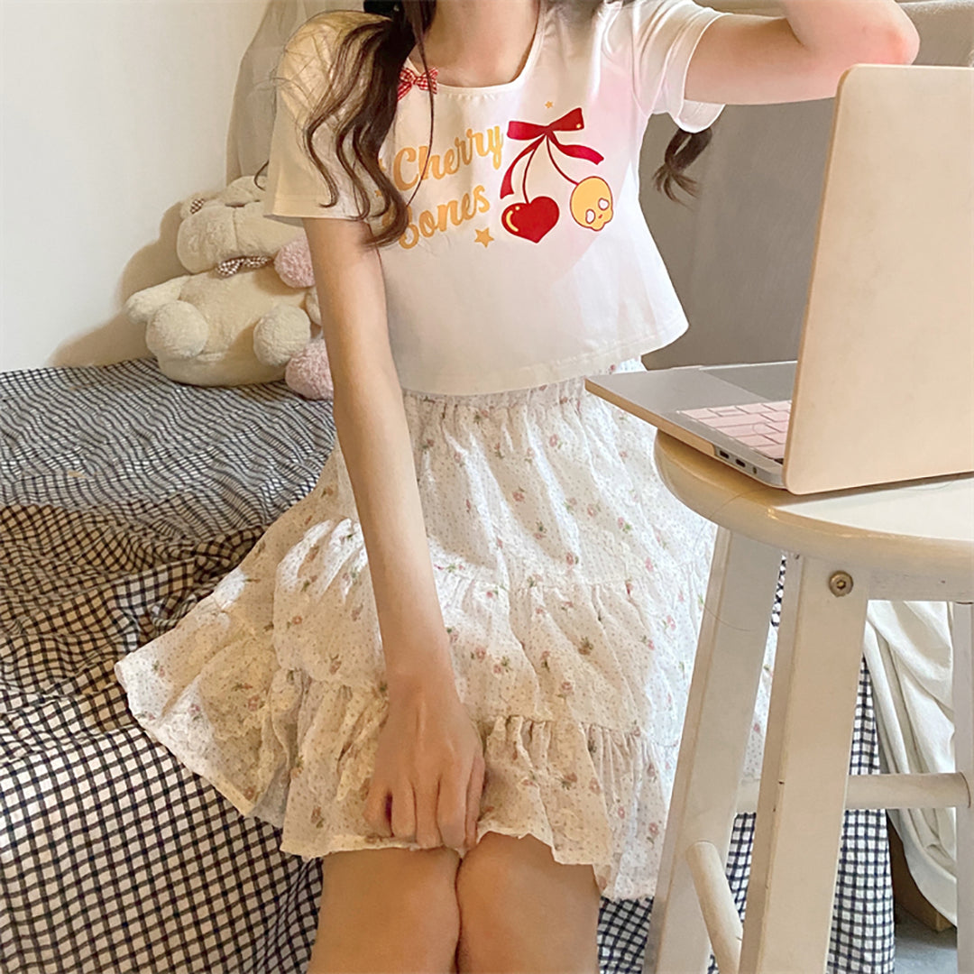 Sweet Cherry Print Cotton Short T-shirt