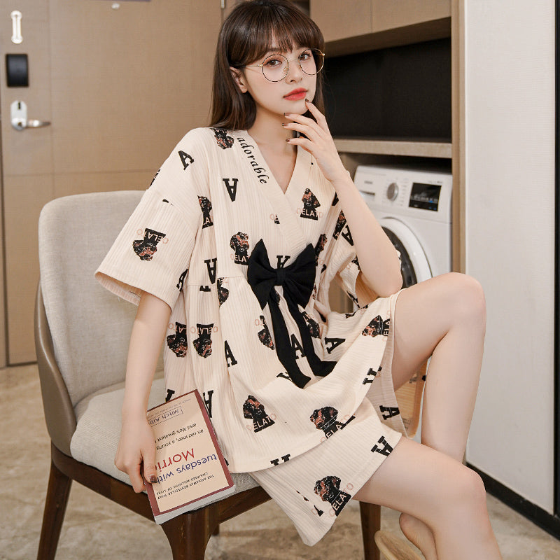 Cartoon Print Bow Knot V-neck Cotton Summer Pajamas Set
