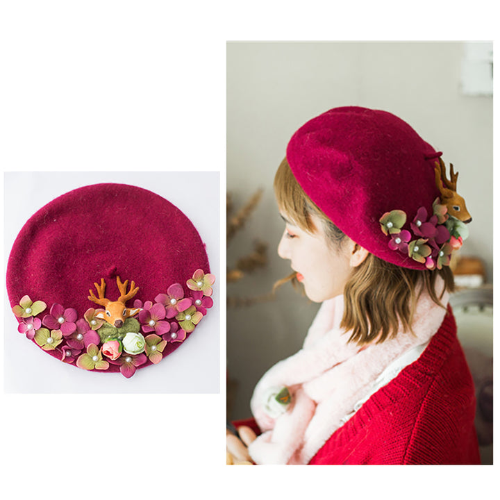 Flowers Deer Beret Hat