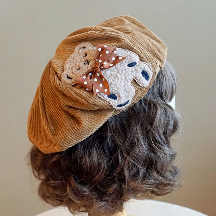 Bear Embroidery Corduroy Beret