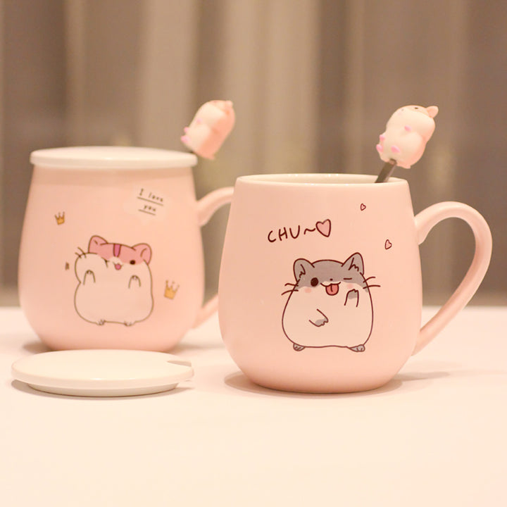 Pastel Pink Hamster Mug with Lid and Spoon