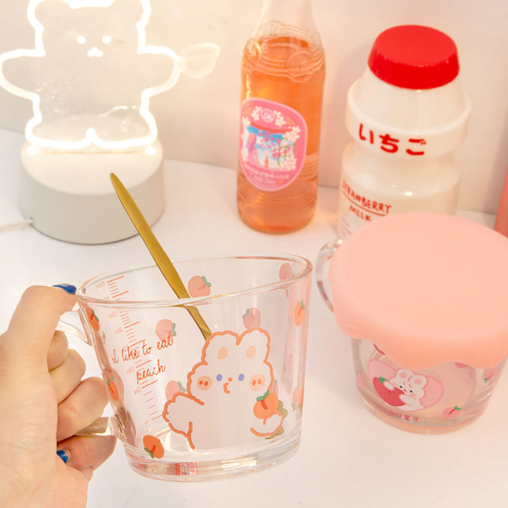 Cute Strawberry Rabbit Glass Cup with Spoon